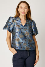 Puff Sleeve Metallic Brocade Top (Blue)