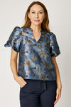 Puff Sleeve Metallic Brocade Top (Blue)