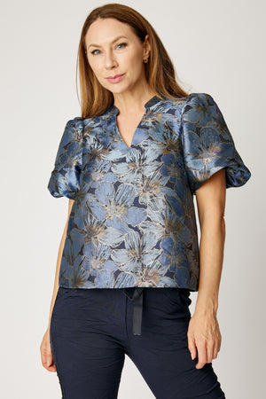Puff Sleeve Metallic Brocade Top (Blue)