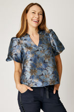 Puff Sleeve Metallic Brocade Top (Blue)