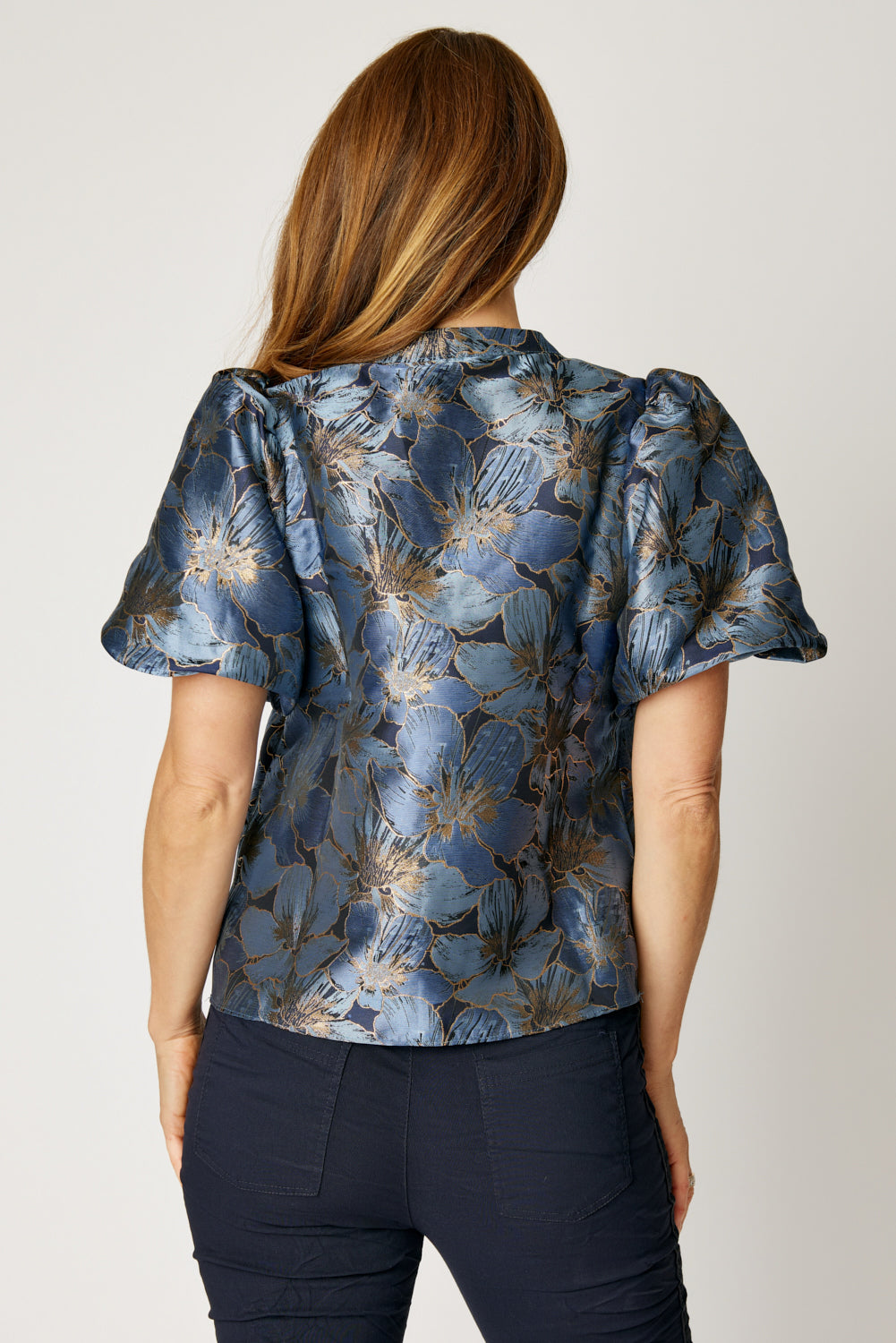 Puff Sleeve Metallic Brocade Top (Blue)