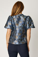 Puff Sleeve Metallic Brocade Top (Blue)
