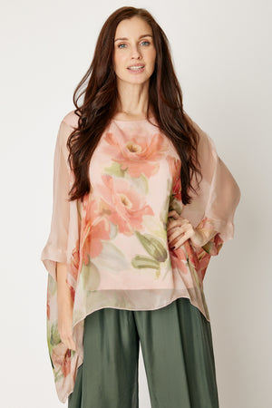 Italian Silk Pink Roses Flowing Top