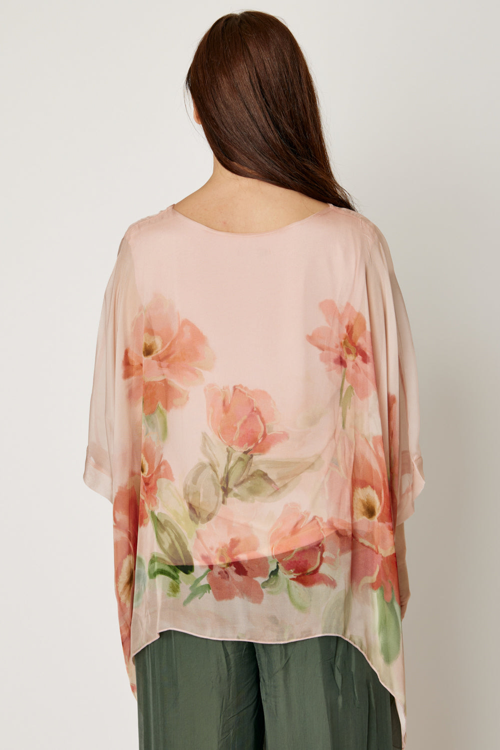 Italian Silk Pink Roses Flowing Top