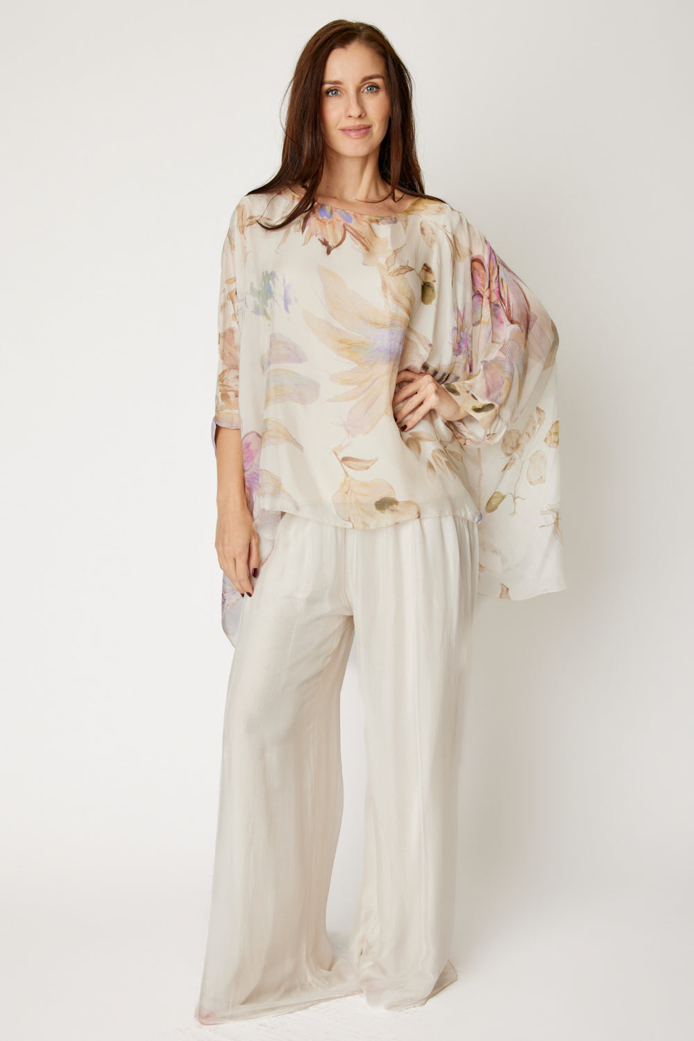 Italian Silk Cream Floral Flowing Top