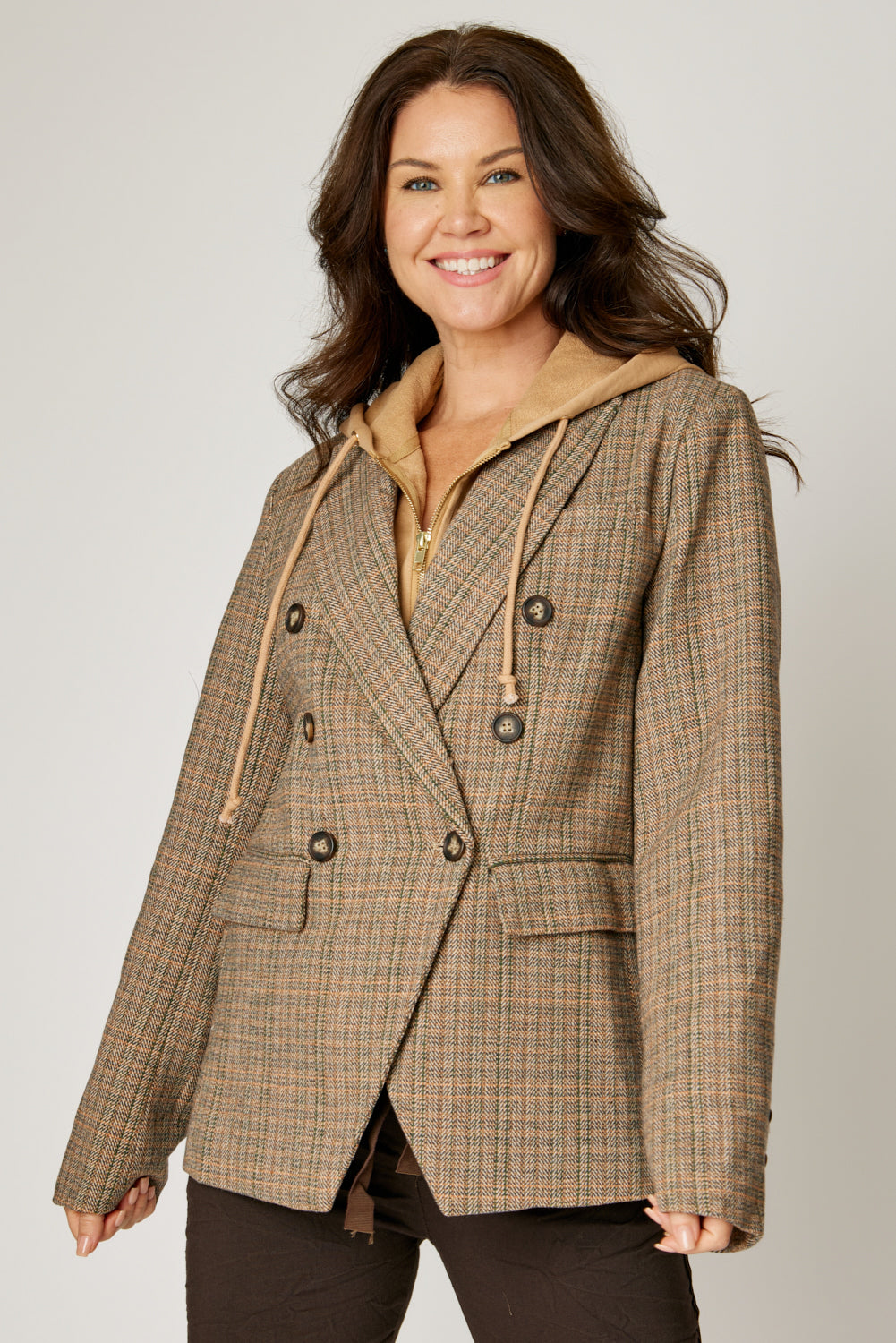 Plaid Hoodie Blazer (Brown)