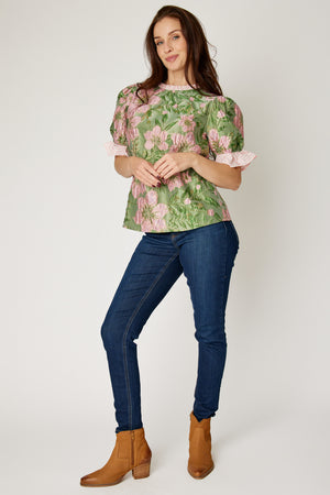 Brocade Metallic Top with Candy Stripe Detail
