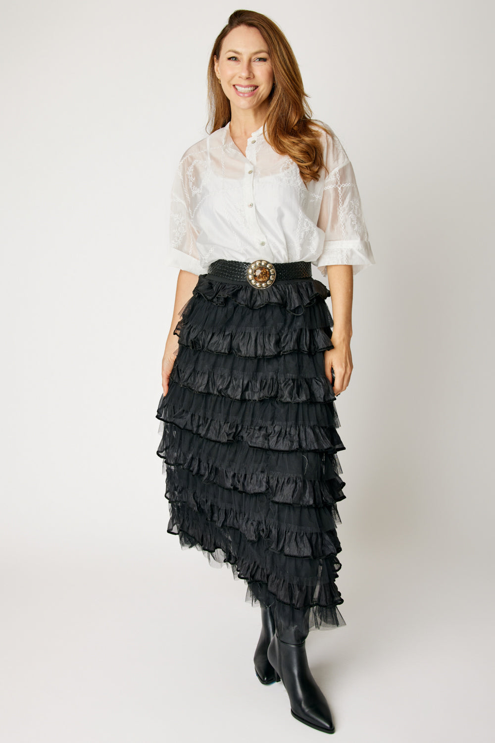Velvet Trim Ruffled Skirt