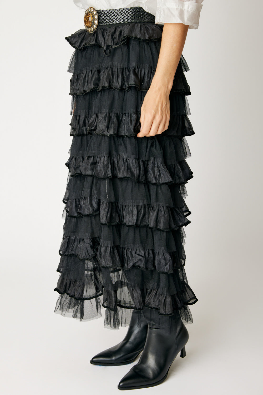 Velvet Trim Ruffled Skirt