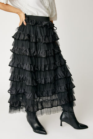 Velvet Trim Ruffled Skirt