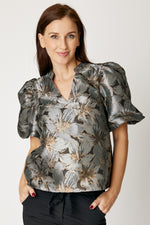 Puff Sleeve Metallic Brocade Top (Black)