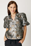Puff Sleeve Metallic Brocade Top (Black)