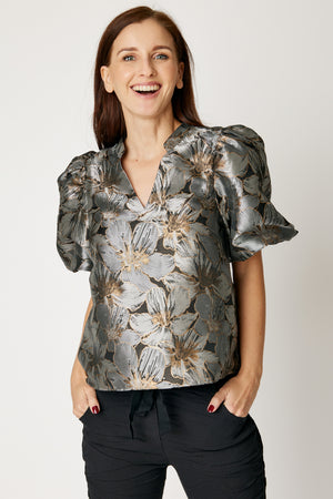 Puff Sleeve Metallic Brocade Top (Black)