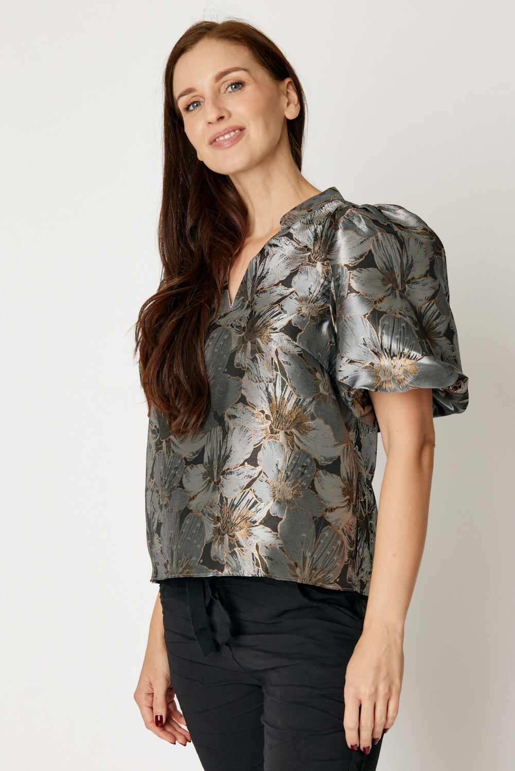 Puff Sleeve Metallic Brocade Top (Black)