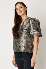 Puff Sleeve Metallic Brocade Top (Black)
