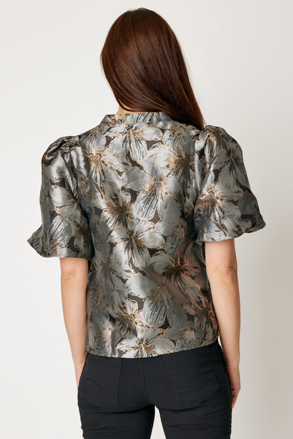 Puff Sleeve Metallic Brocade Top (Black)