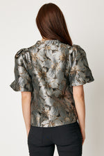 Puff Sleeve Metallic Brocade Top (Black)