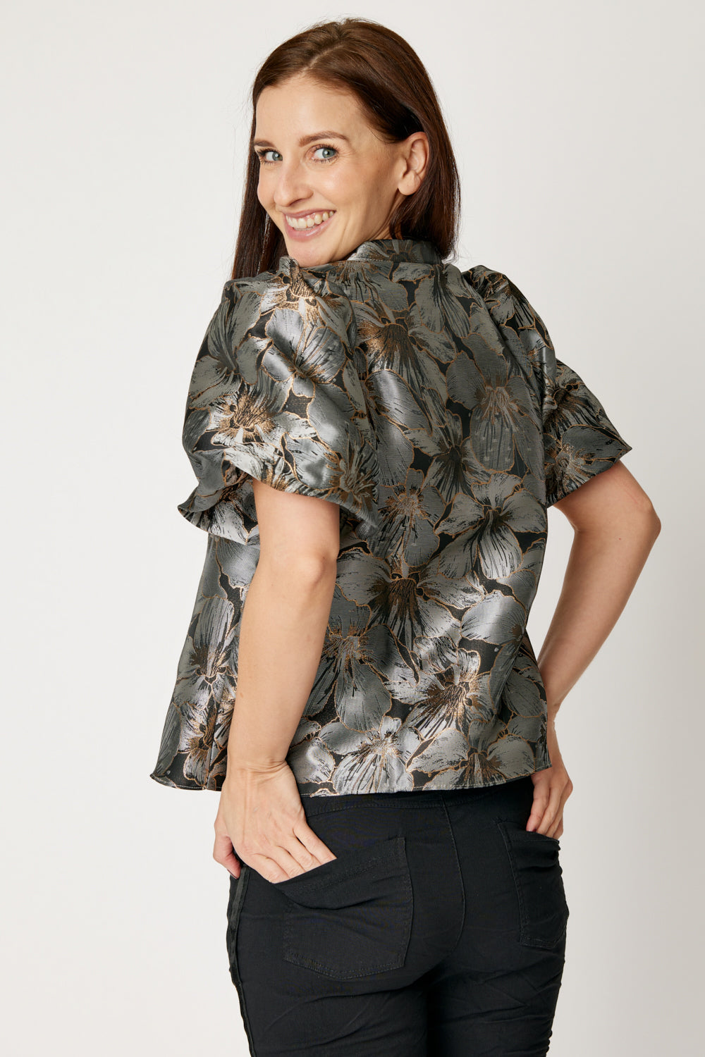 Puff Sleeve Metallic Brocade Top (Black)