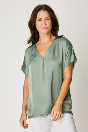 Satin V Neck Raw Edge Tee (6 Colors)