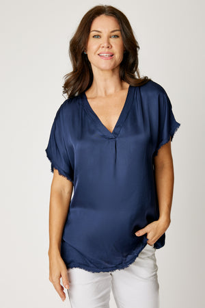 Satin V Neck Raw Edge Tee (6 Colors)