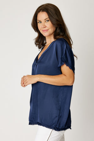 Satin V Neck Raw Edge Tee (6 Colors)
