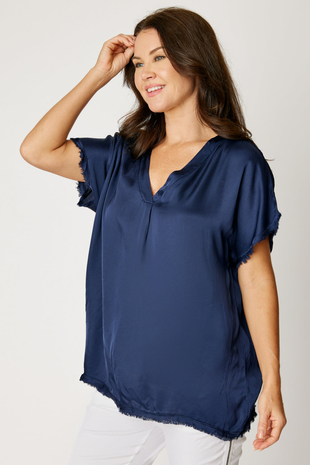 Satin V Neck Raw Edge Tee (6 Colors)