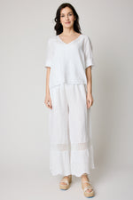 Linen Embroidered Box Trim Crop Pant