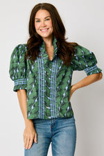 Ruffle Trim Smocked Puff Sleeve Blouse (2 Colors)