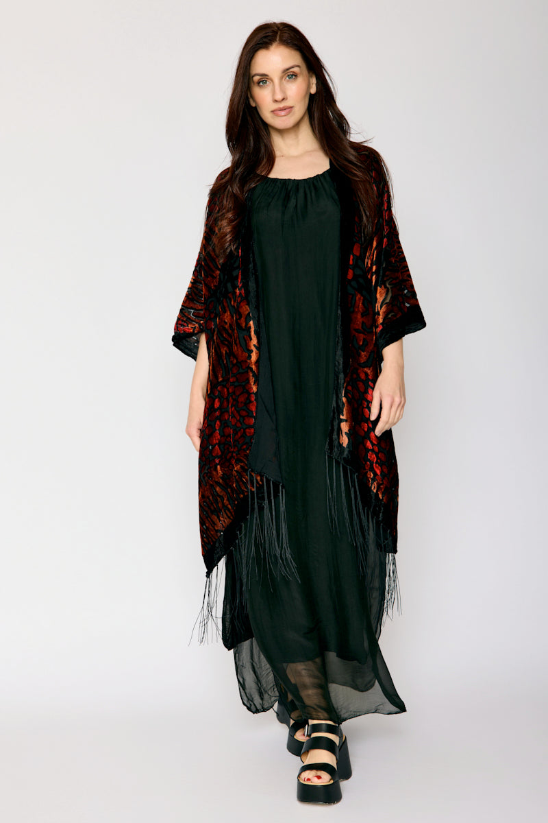 Burnout Orange and Black Fringe Kimono