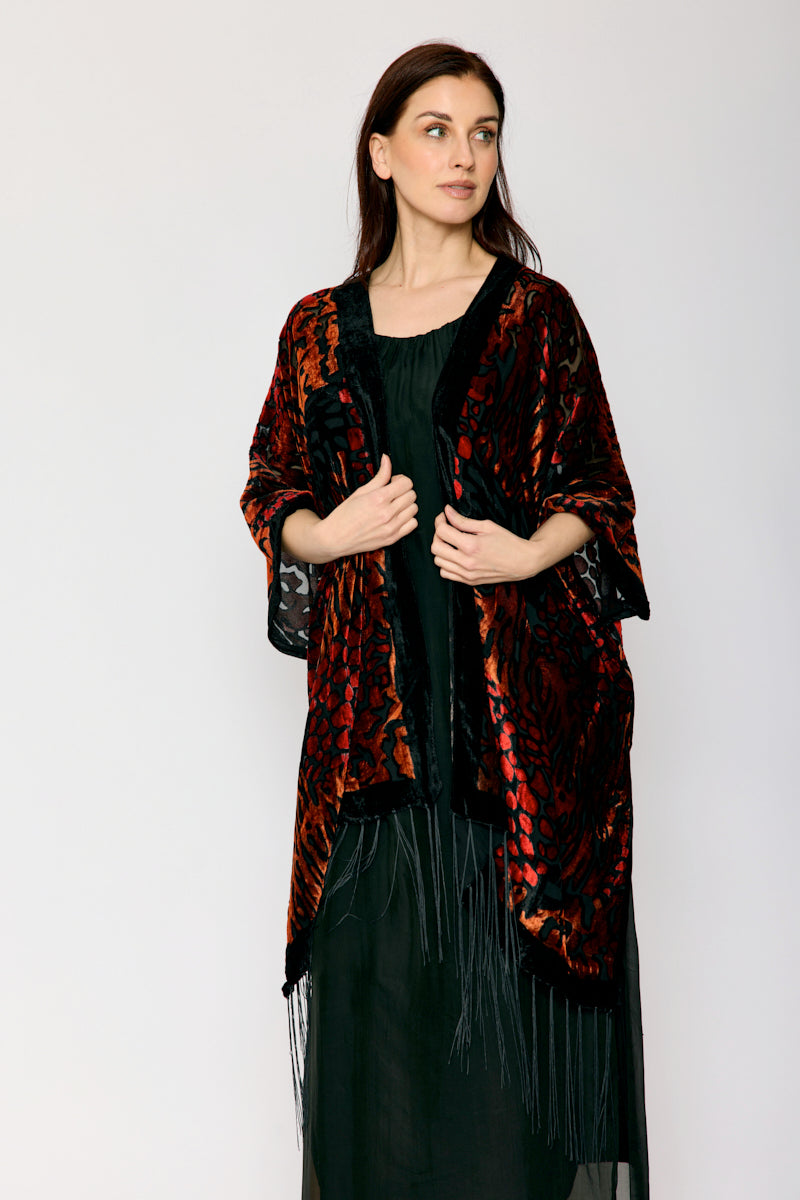 Burnout Orange and Black Fringe Kimono