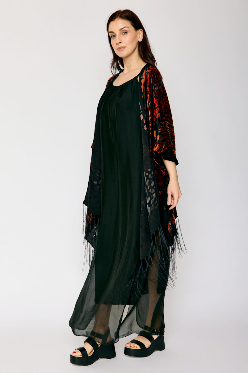Burnout Orange and Black Fringe Kimono