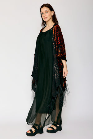 Burnout Orange and Black Fringe Kimono