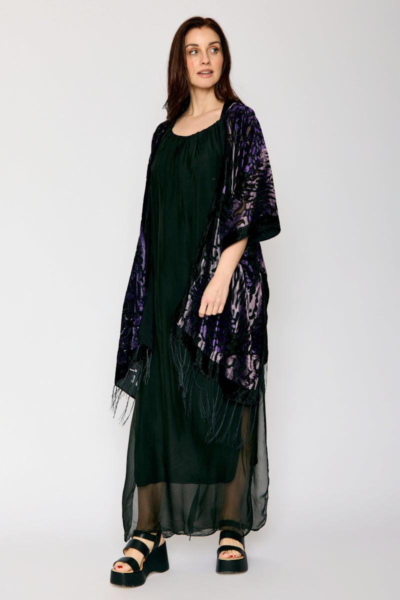 Burnout Purple and Black Fringe Kimono