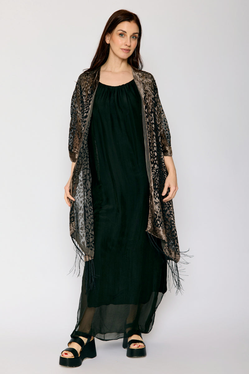 Burnout Taupe and Black Fringe Kimono