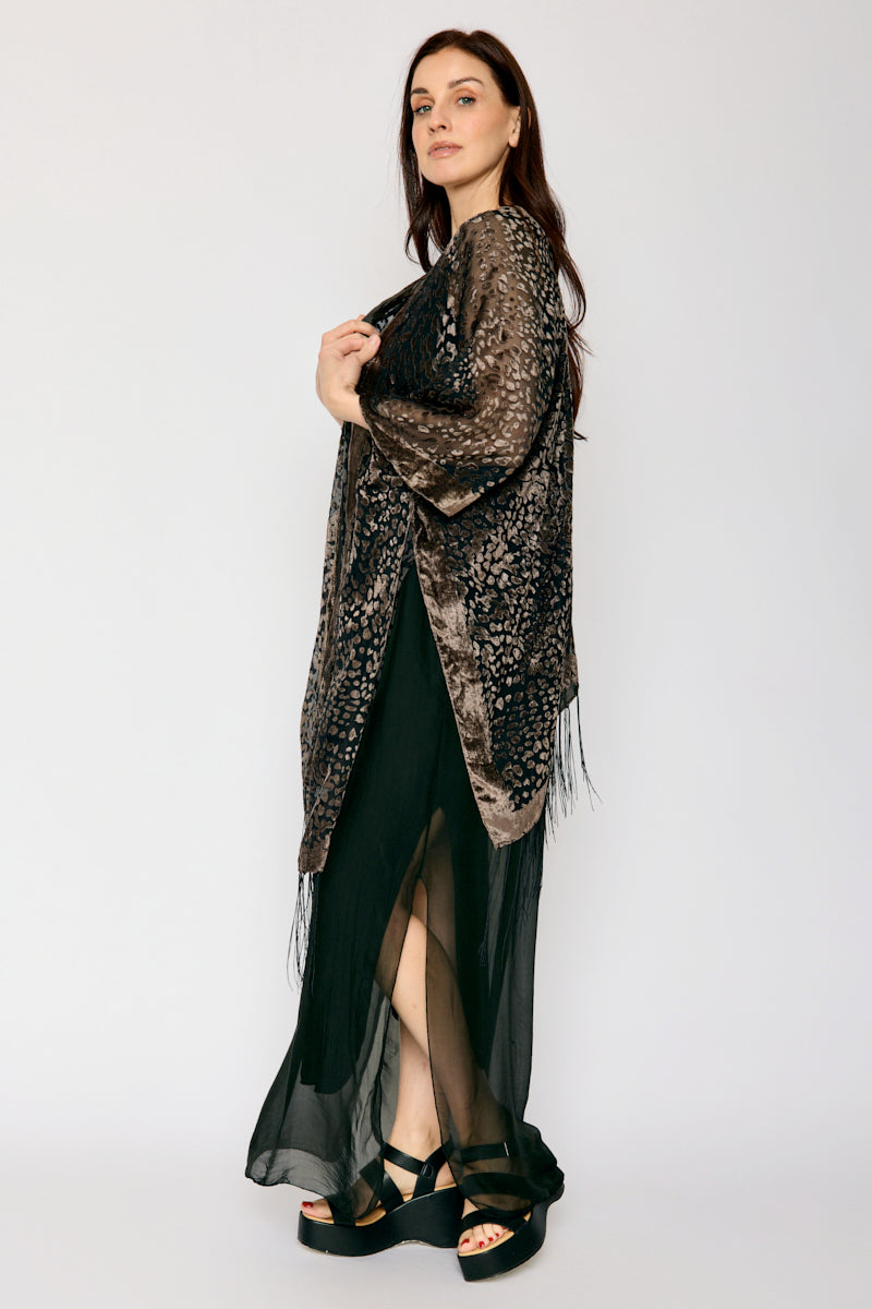 Burnout Taupe and Black Fringe Kimono