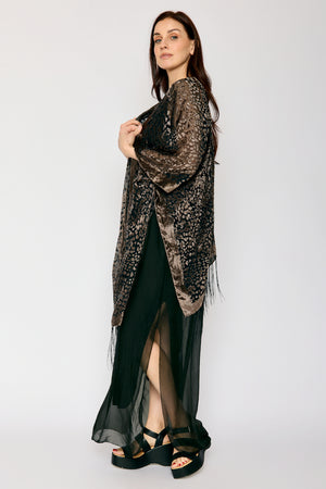 Burnout Taupe and Black Fringe Kimono