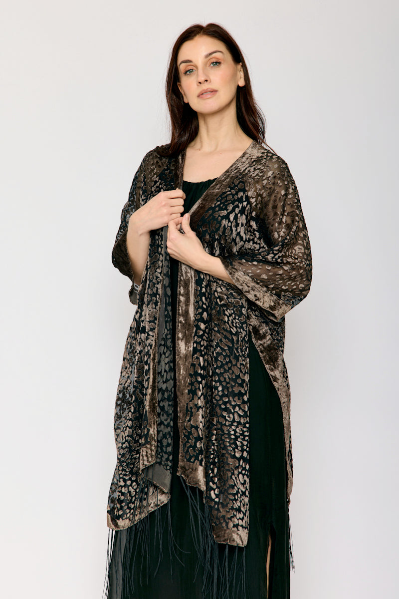 Burnout Taupe and Black Fringe Kimono