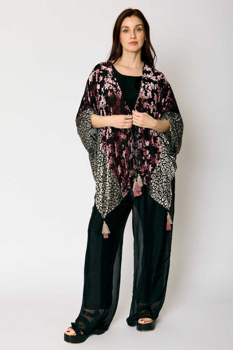 Mixed Print Velvet Tassel Kimono