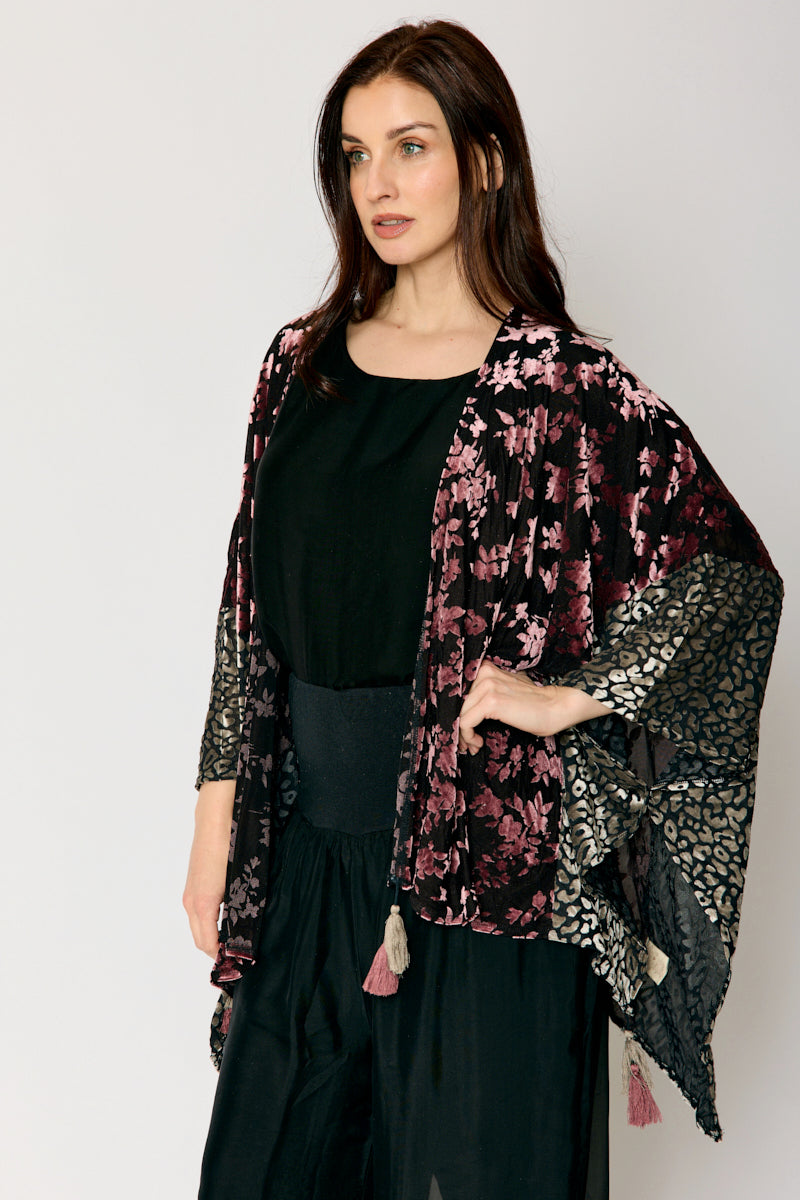 Mixed Print Velvet Tassel Kimono