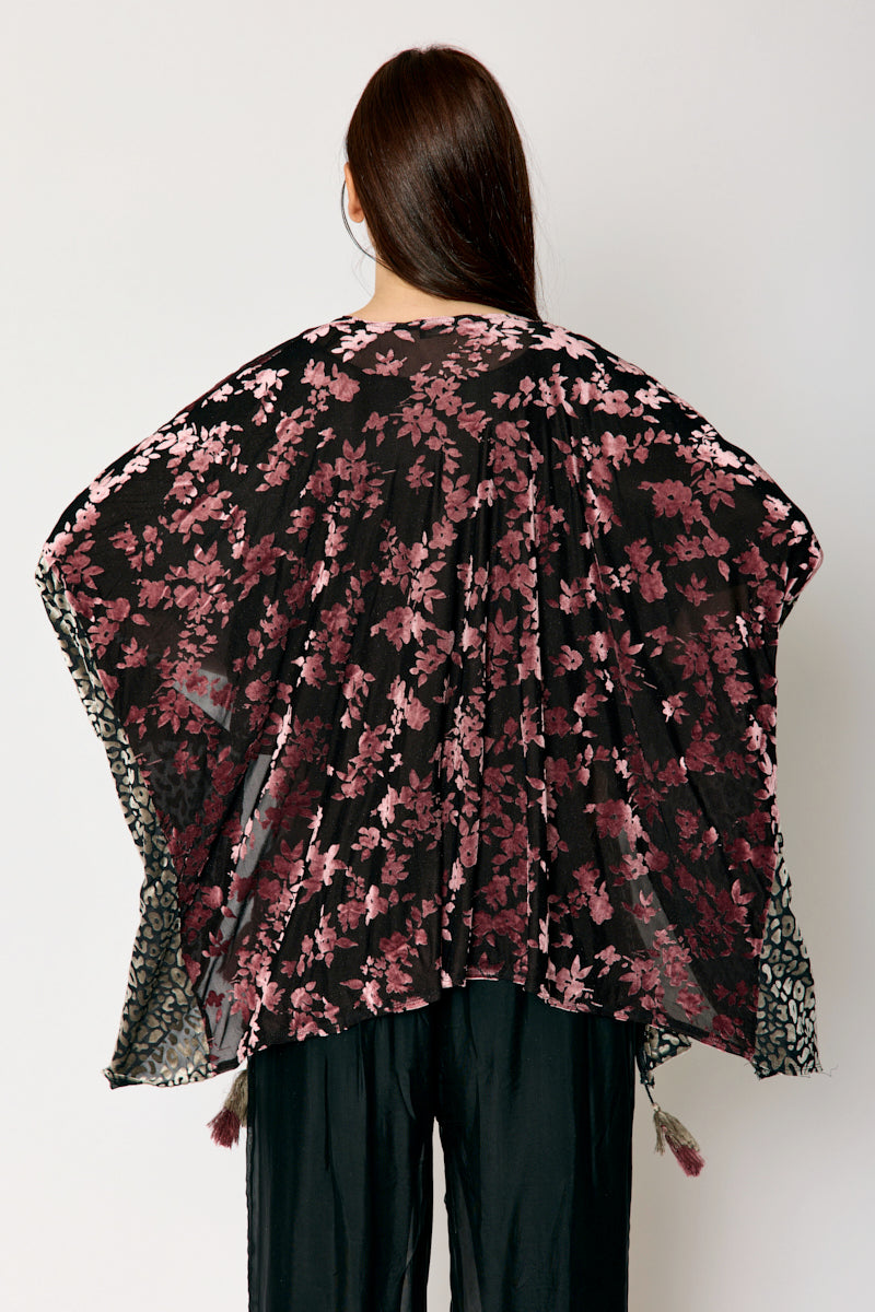 Mixed Print Velvet Tassel Kimono