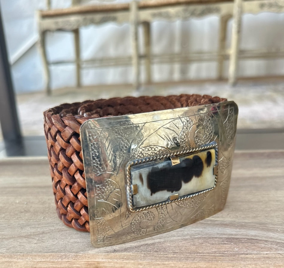 Moroccan Handmade Braided Leather Belt –  Rectangular Silver Buckle and Horn-Style Stone