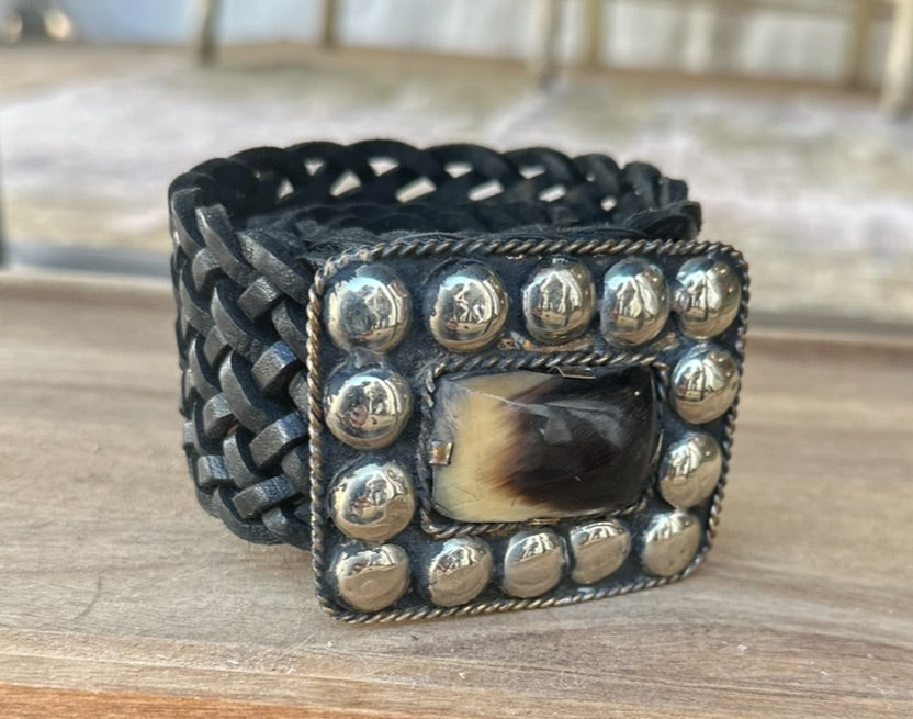 Moroccan Handmade Braided Leather Belt – Square Silver Buckle with Stone Center