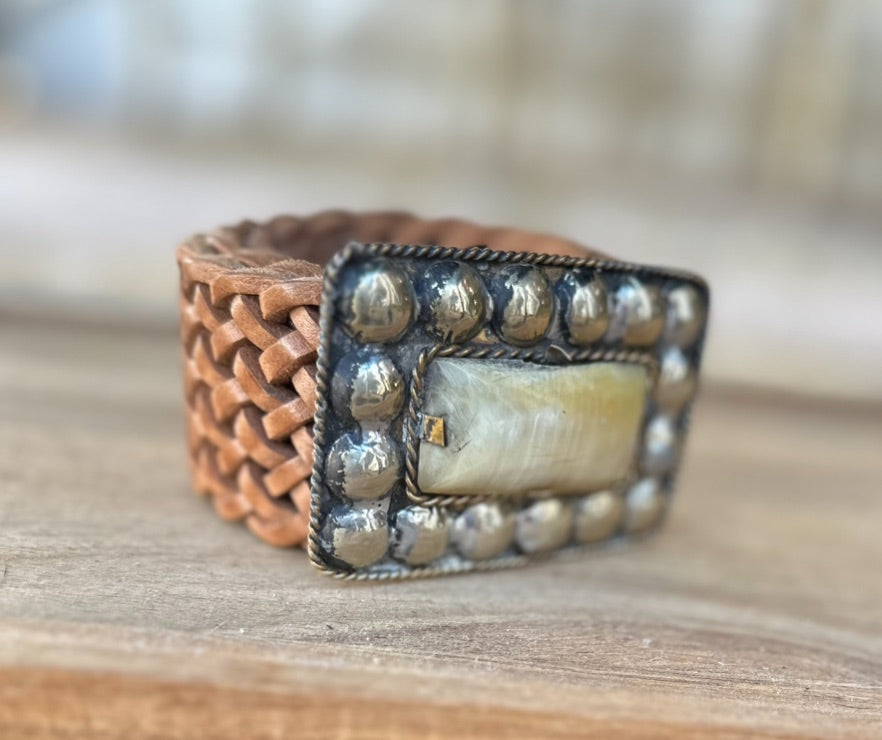 Moroccan Handmade Braided Leather Belt – Square Silver Buckle with Stone Center