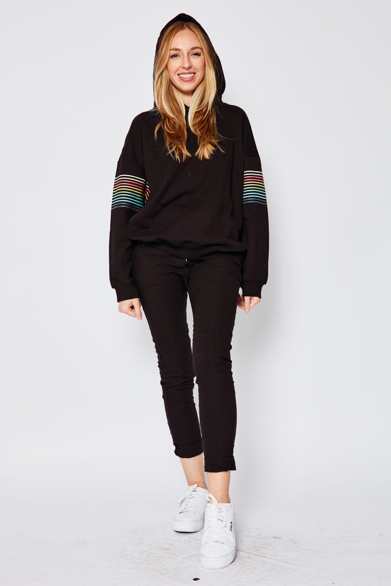 Black Hoodie w Rainbow Striped Sleeve Jacqueline B Clothing