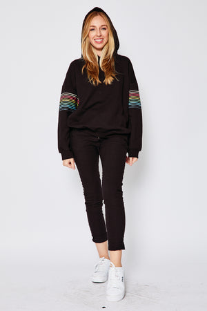 Black Hoodie w/ Rainbow Striped Sleeve - Jacqueline B Clothing