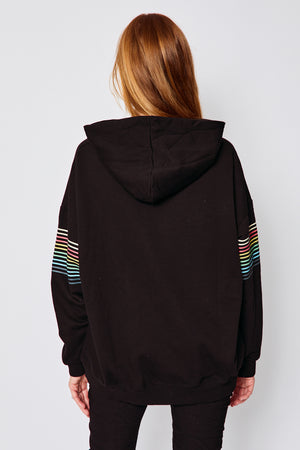 Black Hoodie w Rainbow Striped Sleeve Jacqueline B Clothing