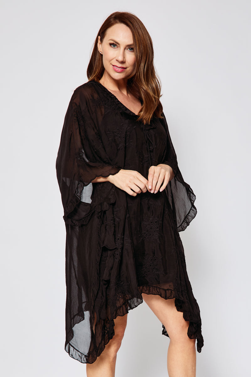 Italian Silk Flowy Embroidered Tunic (Two Colors) Black Italian Silk Flowy Embroidered Tunic (Two Colors) Black