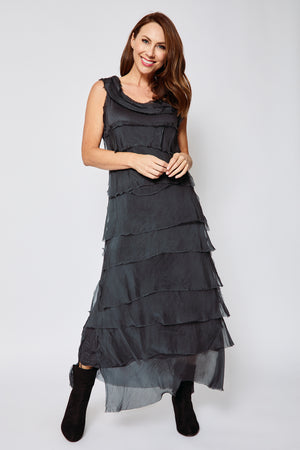 Italian Silk Long Layered Dress (7 Colors) O/S / Dark Charcoal Italian Silk Long Layered Dress (7 Colors) O/S / Dark Charcoal