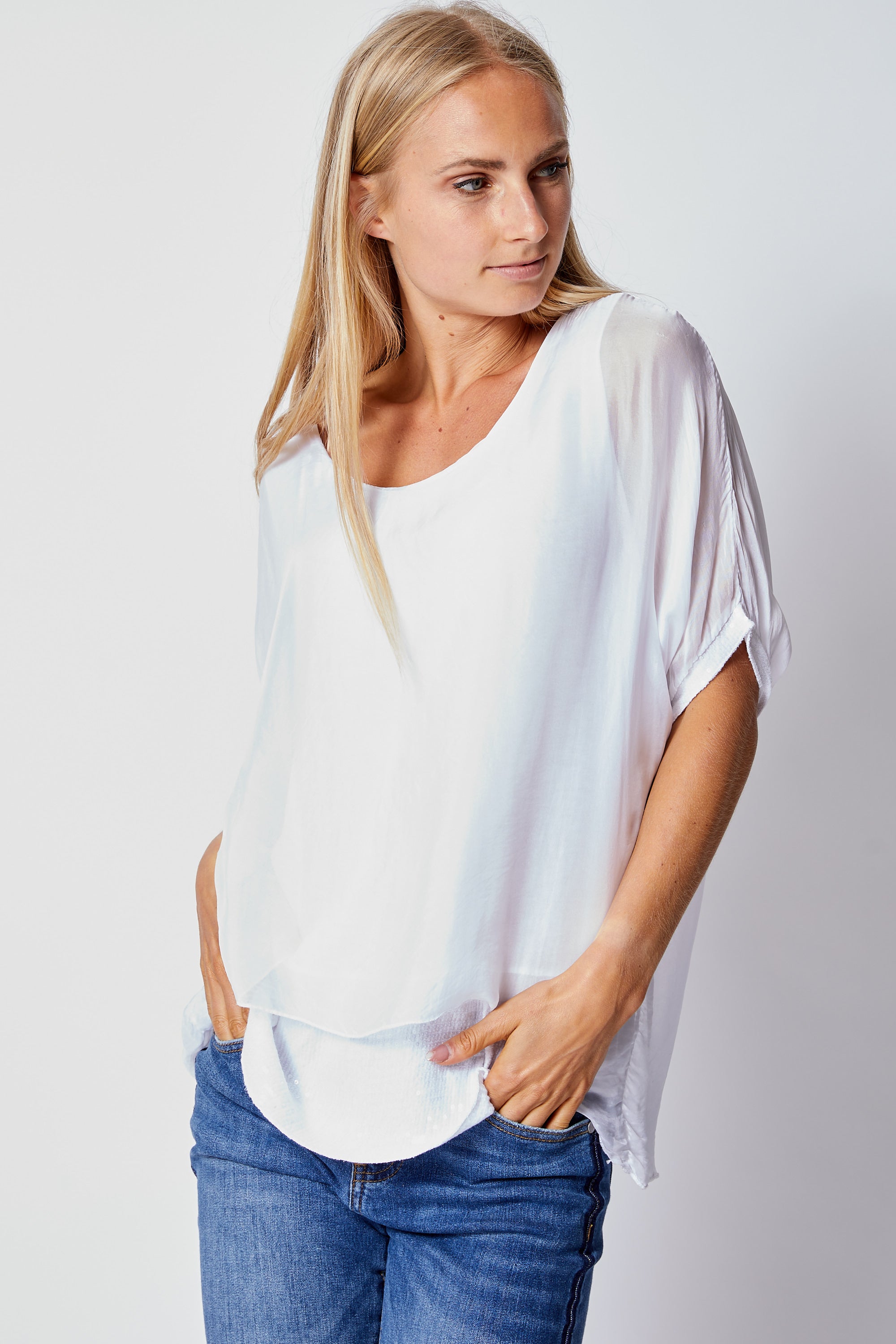 Italian Silk Sequin Trim Tee - Jacqueline B Clothing