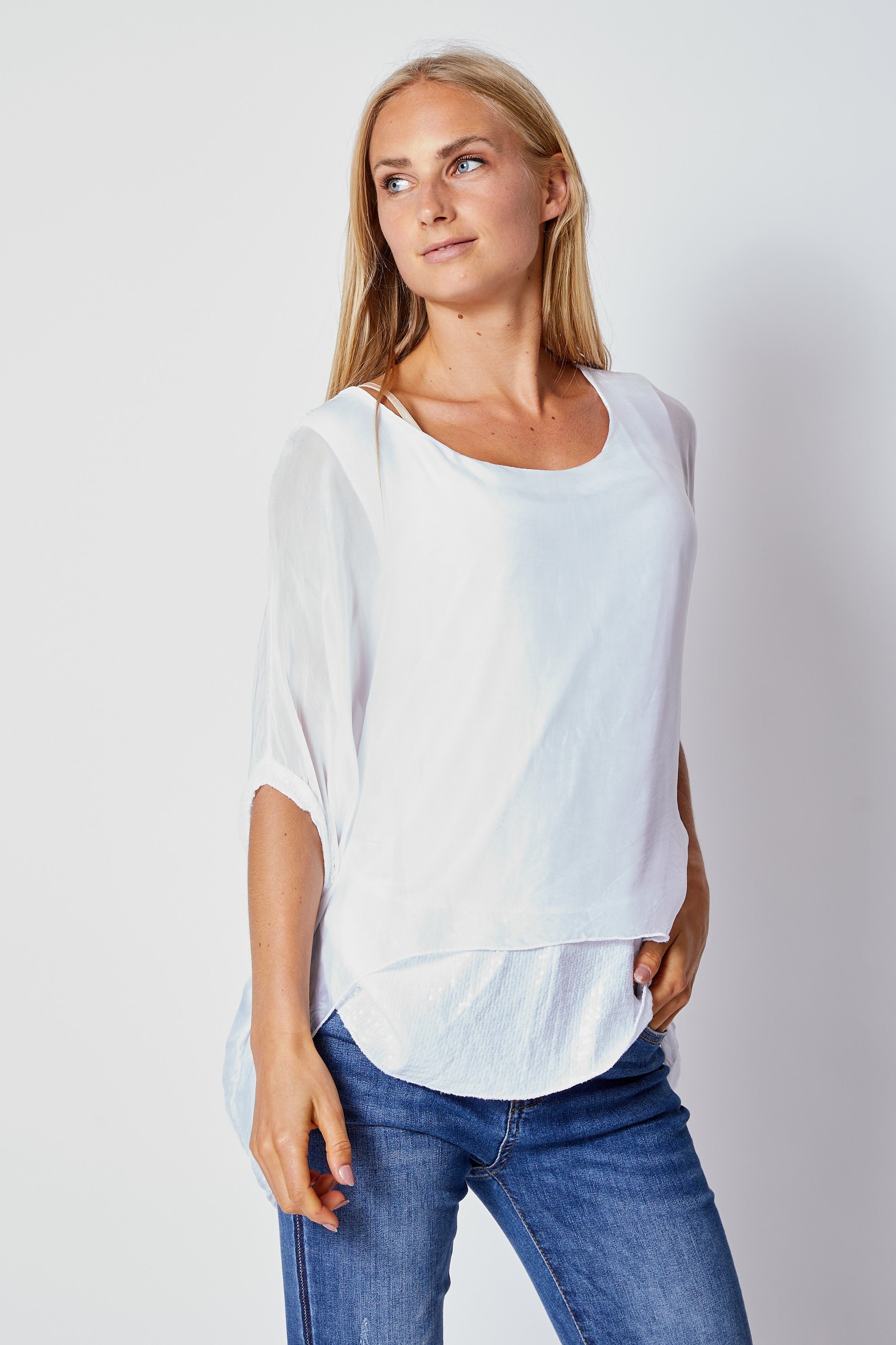 Italian Silk Sequin Trim Tee - Jacqueline B Clothing